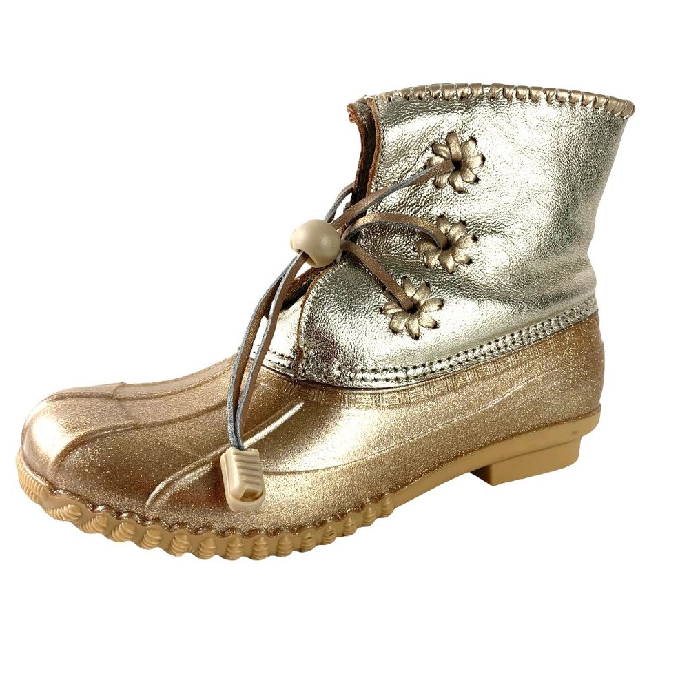 JACK ROGERS Miss Chloe Glitter Platinum Leather Rubber‎ Boots